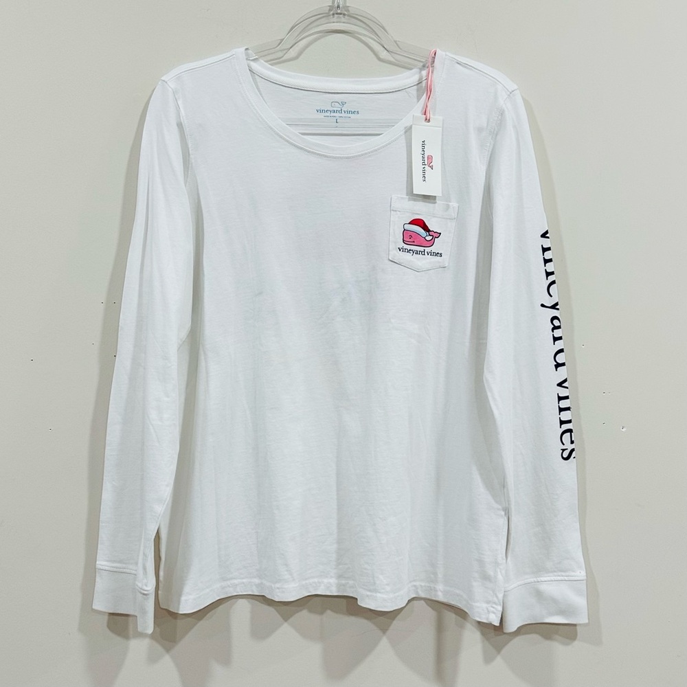 NWT Vineyard Vines Merry Christmas Scoop Neck Pocket Tee Shirt White Women's L